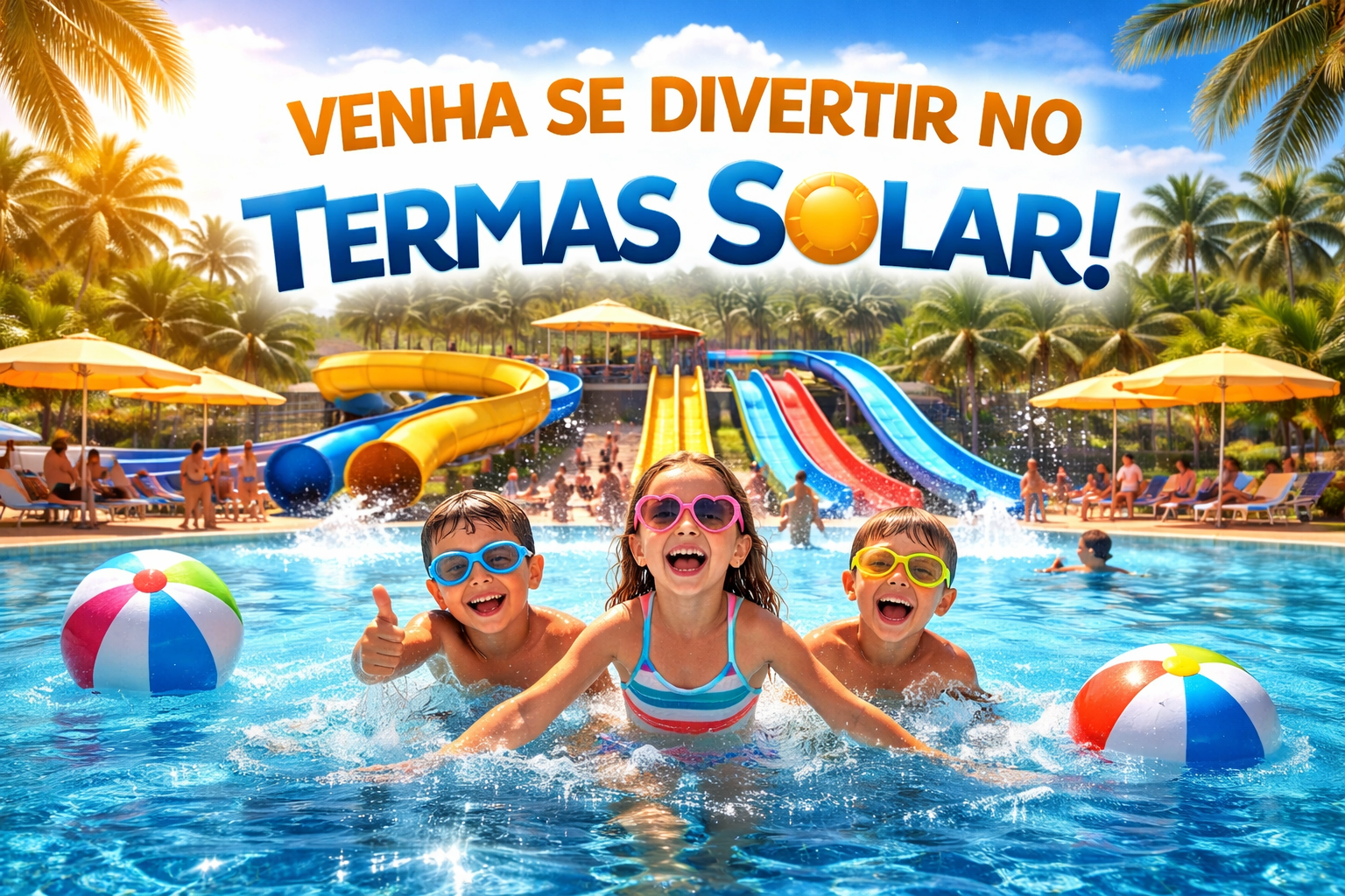 Piscina com criança brincando no toboágua (ilustração)