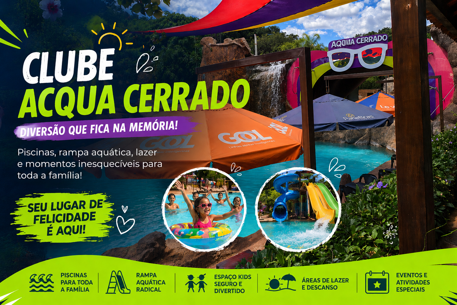 Piscina com criança brincando no toboágua